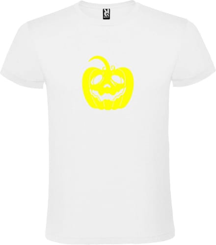 Wit T-Shirt met “ Halloween Pompoen “ afbeelding Neon Geel Size S