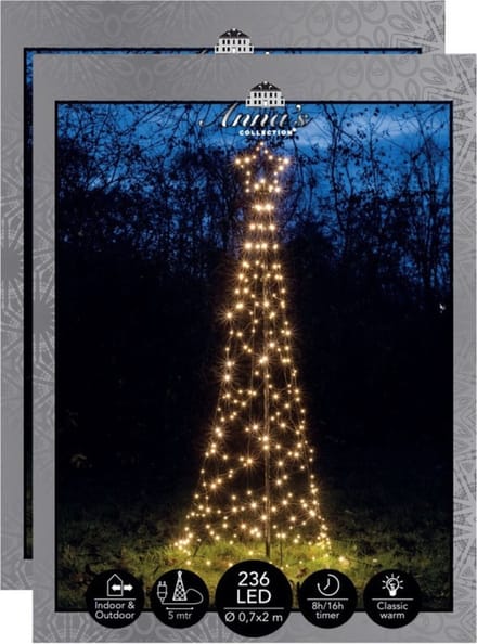 Anna's Collection Vlaggenmast kerstboom met ster - 2x - verlichting - 236 leds - 200 cm - warm wit