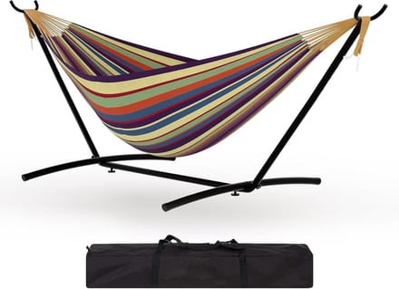 Dubbele hangmat - Balk hangmat - Buiten ontspannen - Ruimtebesparend frame - 204 kg capaciteit - Gele strepen