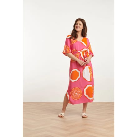 Smashed Lemon 25028 v-neck midi jurk met ballonmouwengrafisch fruitprint |