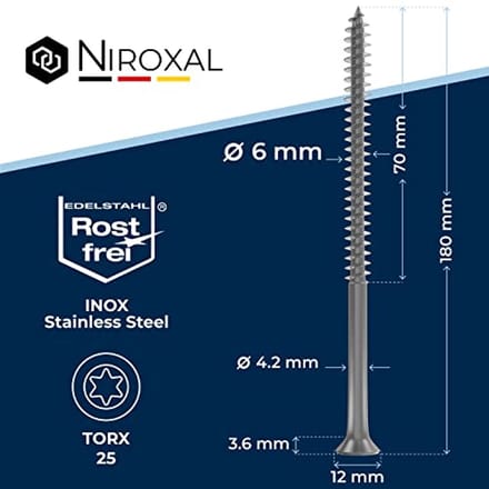 Houtschroeven 6x180mm RVS Torx - 25 Stuks voor Houtprojecten