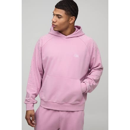 Oversized Boxy Men's Pailletten Gewassen Raglan Hoodie | Pink | Size Medium