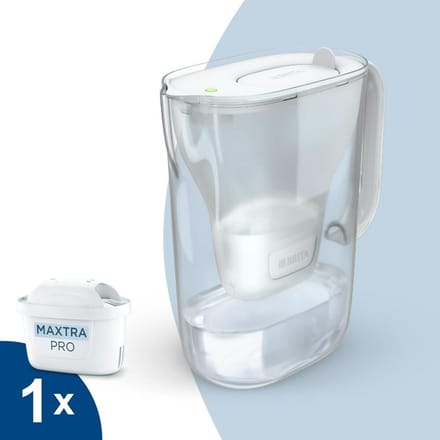 BRITA Waterfilterkan Style Essential Cool - 2,4L - Wit - incl. 1x MAXTRA PRO Pure Performance Waterfilterpatronen - past in de koelkast, met Smart LED Light & klapdeksel