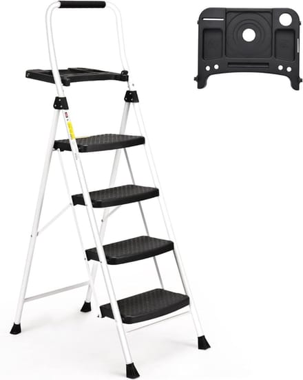 Zyrex® Huishoudtrap 4 Treden - Keukentrapje Basic Inklapbaar - Keukentrap Anti-slip – Wit - 0cm x 50cm x 120cm