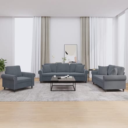 vidaXL - 3-delige - Loungeset - met - kussens - fluweel - donkergrijs