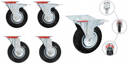 4x Zwenkwielen 125mm Rubber met Dubbel Rem - Set van 4