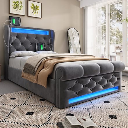 MODENUIT Gestoffeerd Bed 90x200 cm – LED en USB-C – Hydraulische Opbergruimte – Met matras – Fluweel – Grijs