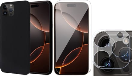 Hoesje geschikt voor iPhone 16 Pro - Screenprotector Glas & Camera - Matte Case Zwart met Fluweelzachte Binnenzijde