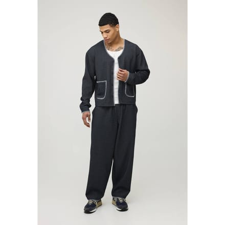 Waffle Contrast Stitch Oversized Boxy Baseball Shirt & Balloon Trouser Set | Black | Size Medium
