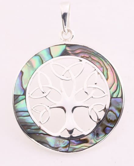 Ronde zilveren levensboom hanger met abalone schelp