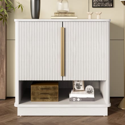 REDOM - Schoenenkast - Verticale Frontstructuur En Open Vak - Modern - Voor Hal - MDF - Wit Met Houtlook - 60 X 40 X 61 Cm