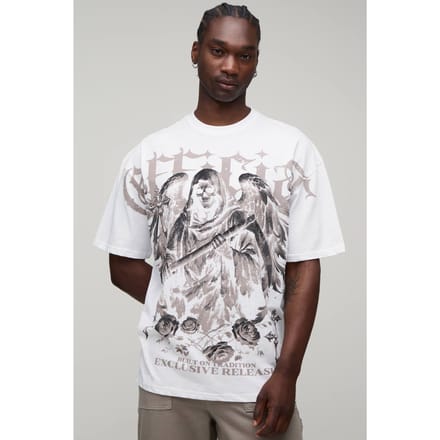 Lang Wit Oversized Gothic Over-de-naden Print T-shirt | White | Size XL