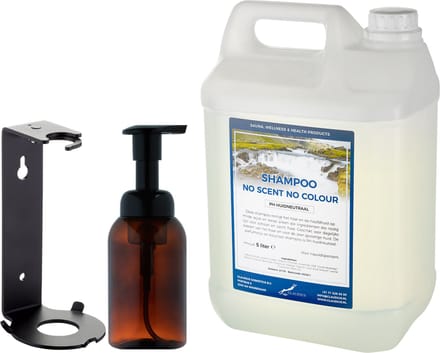 Zeepdispenser 300 ml amber bruin hervulbaar + 5 liter Shampoo No Scent No Colour navulling (inclusief beugel)
