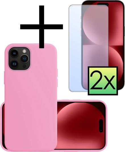 Hoesje - Met 2x Screenprotector - Geschikt voor Apple iPhone 15 Pro - Sterk & Shockproof - Back Cover - Siliconen Case - Telefoon Hoes - Lichtroze