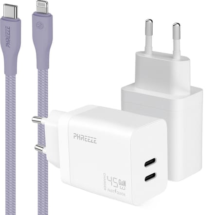 Phreeze usb C adapter geschikt voor iPhone en iPad met Lightning kabel paars - Snellader met kabel
