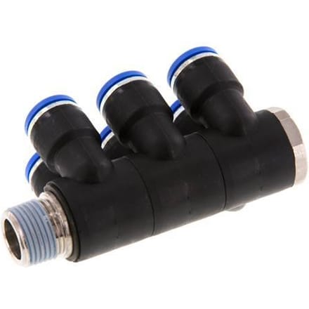 10mm x R3/8'' 6-way Manifold Messing/PA 66 Insteekfitting Buitendraad Draaibaar NBR