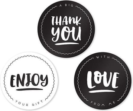Sluitstickers rond zwart wit cadeaustickers Bedankt Thanks With Love Enjoy sticker set 4,5 cm set 18 stuks