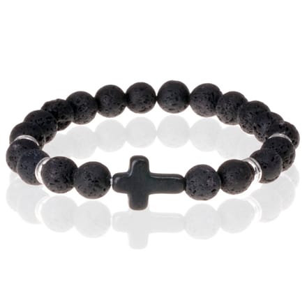 Zwarte kralen armband Lavasteen met Kruis