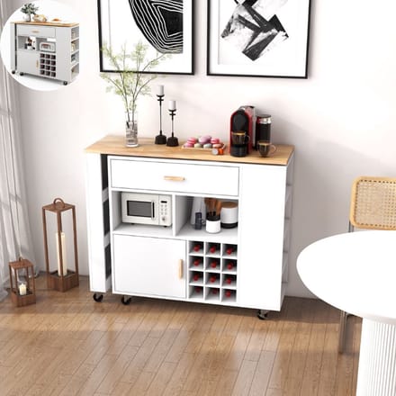 Keukeneiland - Verplaatsbaar - Keukenkast - Dressoir - Organizer - Kasten - Houten Werkblad - Lade - Wit
