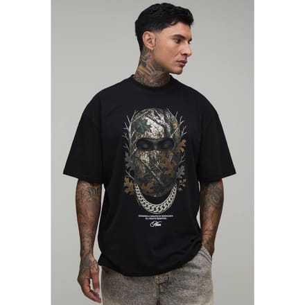 Lang Zwart Oversized T-shirt Met Verlengde Hals En Skimuts Print | Black | Size Medium