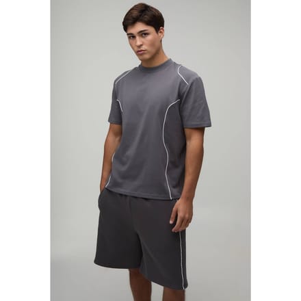 T-shirt En Baggy Short Set Met Contrasterende Biesjes En Panelen In Regular Fit | Charcoal | Size Medium
