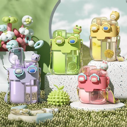 Bouteille d'eau Kawaii Mode Plastique Bouteille d'eau à double boisson avec paille Sangle réglable pour Lavender  780ml