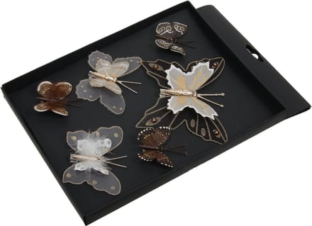 Othmar Decorations vlinders op clip - 6x- bruin tinten - 5-8 cm - kunststof -kerstversiering