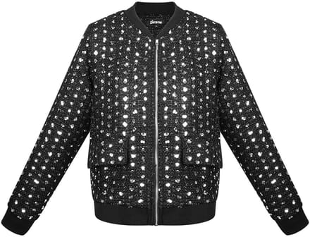 Gestructureerde Polyester Vrouwen Bomber Jas met Glitter Textuur - Zwart - Maat S