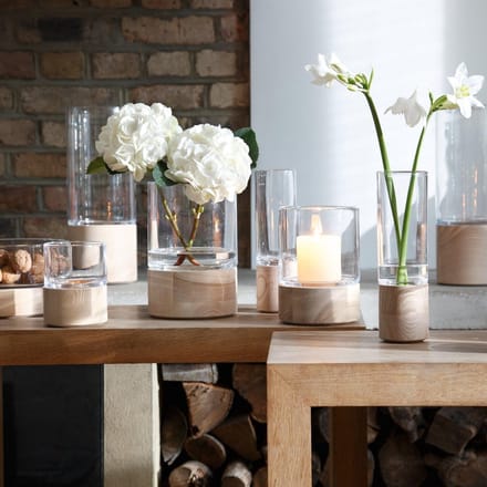Handgemaakt Glazen Windlicht met Houten Basis, Hoogte 22,5 cm, Helder