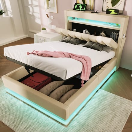 Eenpersoonsbed - 90x200 cm - Hoofdbord met Opbergruimte - USB & LED Verlichting - Linnen - Beige