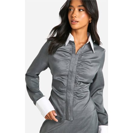 boohoo Dames Petite Contrast Getailleerd Overhemd | Houtskool | Maat: 36