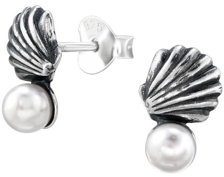 Joy|S - Zilveren schelp oorbellen met witte parel - 10 x 9 mm - shell - geoxideerd