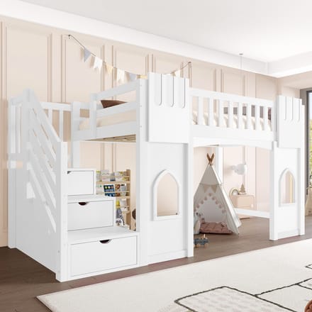 MODFU Hoogslaper 90x200 cm – Met opbergtrap & ramen – Wit – Hout/MDF – 3 opbergruimtes – Incl. lattenbodem