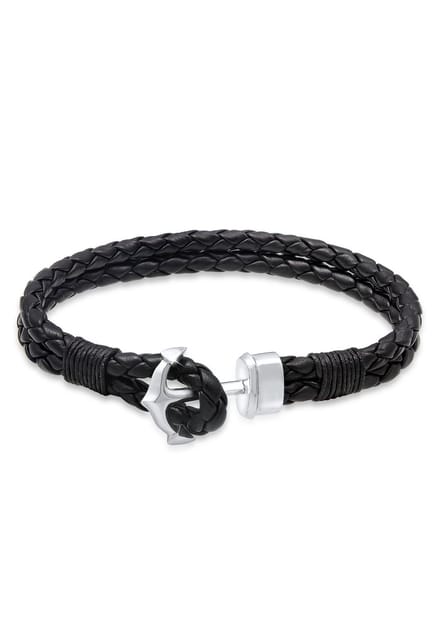 KUZZOI - Armband - Herren Basic Anker Echtleder Geflochten 925 Silber -