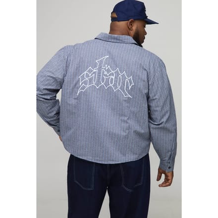 Plus Oversized Boxy Geborduurd Micro-ruiten Overhemd | Navy | Size 2XL