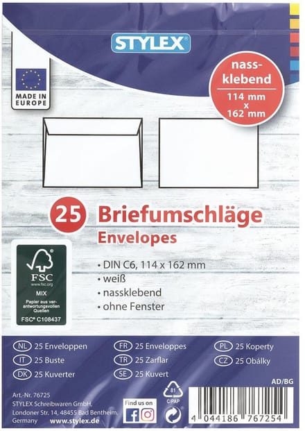 25 Envelop C6 114x162mm Stylex