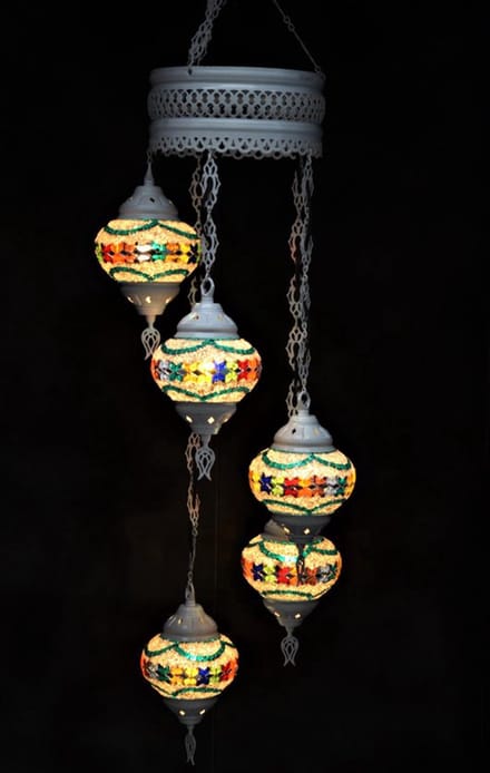 Hanglamp multicolour glas mozaïek 5 bollen Turkse Oosterse Crèmewit Marokkaanse kroonluchter