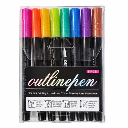 Dual Line Outline Pens - 8 Colours - Metallic Glitter - Round Single Tip - PP Box