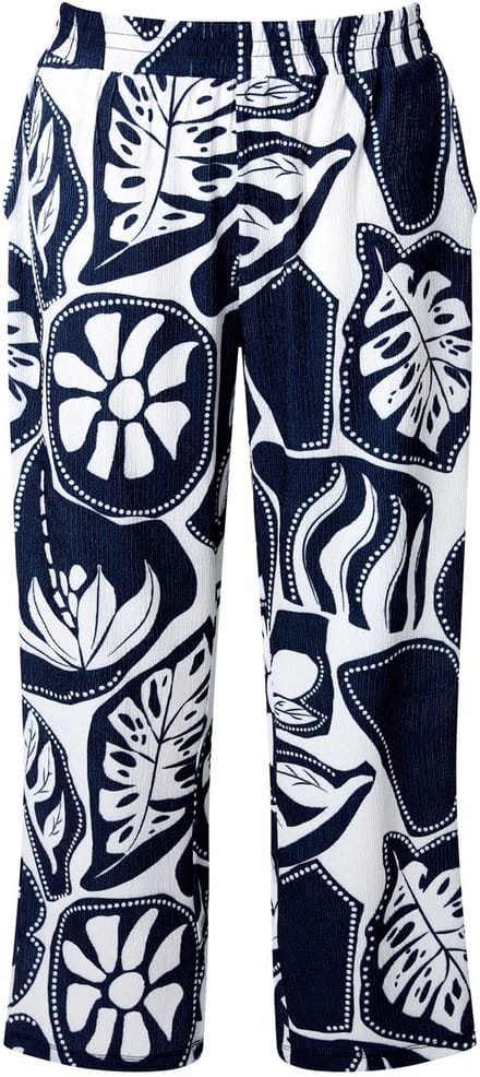 Ulla Popken - Dames - Broek Rose bladeren wijde pijpen elastische tailleband - Marine - Maat 54+