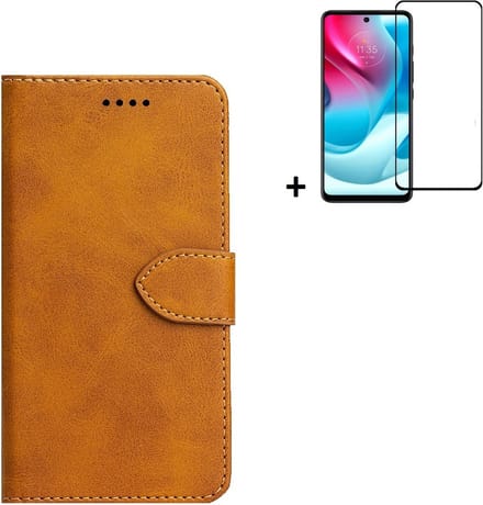 Hoesje Geschikt voor Motorola Moto E30/ Moto E40 - Screenprotector Motorola Moto E30/ Moto E40 - Wallet Bookcase Cognac Bruin + Full Screenprotector