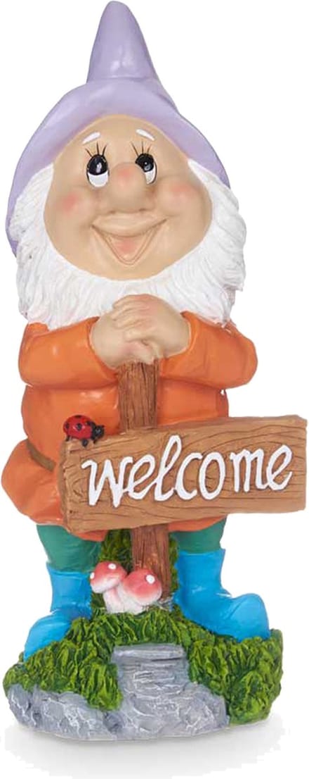 Giftdecor Tuinkabouter beeldje met Welcome bord - Polyresin - muts paars - 27 cm - decoratie dwerg
