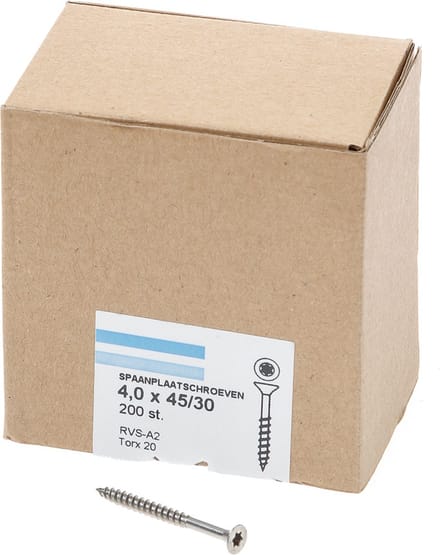 Hoenderdaal - Torx 20 Platkop Spaanplaatschroeven - 4x45mm - RVS A2 Deeldraad (200 stuks)