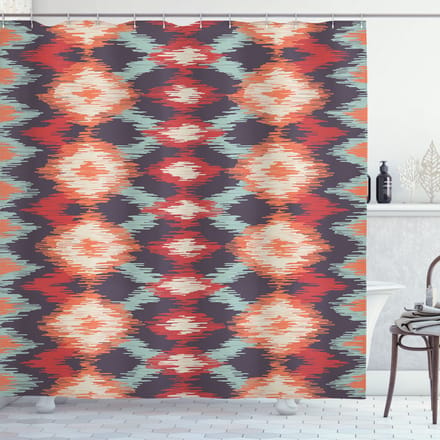 ABAKUHAUS Ikat Douchgordijn – 175x200 cm – Polyester – rood/oranje/teal