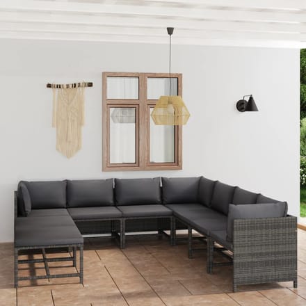vidaXL - 9-delige - Loungeset - met - kussens - poly - rattan - grijs