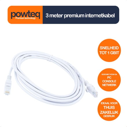 Powteq - 3 meter internetkabel - Wit - Cat 5e met RJ45 stekkers