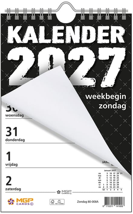MGPcards - Weekblok met Wire-O binding 2027 - Week begint op zondag - 13,5 x 20,5 cm - Zwart