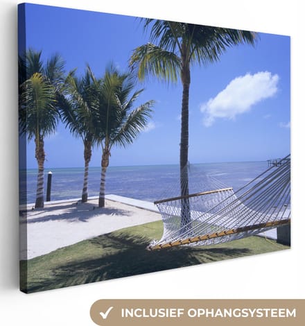 Canvas Schilderij Zee - Hangmat - Palmboom - 80x60 cm - Wanddecoratie