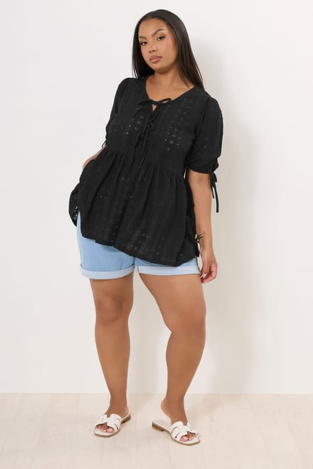 Yours Peplum Top Met Broderieontwerp En Striksluitingen In Zwart Size 46