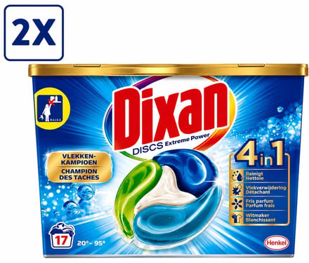 2 x Dixan Discs - Wasmiddelcapsules en Vlekverwijderaar - Extreme Power - Witte, Gekleurde & Zwarte Was - 17 Wasbeurten