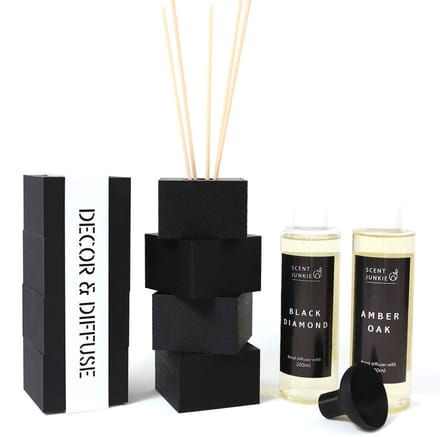 Zwarte Geurstokjeshouder Structuur – Luxe Diffuser Set Amber Oak en Black Diamond – Navulbare Geurstokjes 400 ml – Stijlvol Huisparfum Cadeau